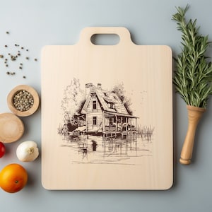 Cabaña de troncos Casa Bosque Lago Hogar Bosque Archivo láser Grabado en madera PNG Cocina Corte Tabla de cortar Tablón Patrón Posavasos Xtool Glowforge LightBurn