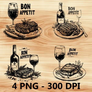 Buen provecho Filete Vino Comida Archivo láser Grabado en madera PNG Corte de cocina Tabla de cortar Diseño de tablón Posavasos Grabado Xtool Glowforge LightBurn CO2
