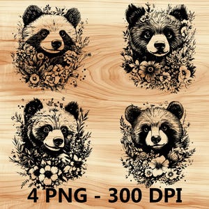 Panda Bear Floral Forest Animal Archivo láser Grabado en madera PNG Tabla de cortar para cocina Patrón de tablón Posavasos Xtool Glowforge LightBurn CO2 2D