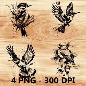 Gorrión Pájaro pequeño Volar Alas Archivo láser Grabado en madera PNG Tabla de cortar Tabla de cortar Patrón Posavasos Xtool Glowforge LightBurn Diodo