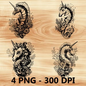 Caballito de mar con cuernos, pez unicornio marino, archivo láser, grabado en madera, PNG, tabla de cortar para cocina, patrón de tablón, posavasos, diodo Xtool Glowforge LightBurn