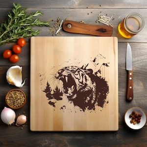 Archivo PNG de tigre, jaguar, guepardo, grabado láser, bandeja de madera, tabla de embutidos, tabla de cortar, posavasos, grabado Xtool, CNC, Glowforge, LightBurn