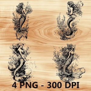 Sirena Diosa del mar Submarina Archivo láser Grabado en madera PNG Tabla de cortar para cocina Patrón de tablón Posavasos Xtool Glowforge LightBurn CO2 2D