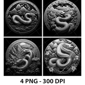 Ano da Serpente Zodíaco Chinês Arquivo de Gravação a Laser Ardósia PNG Coaster Xtool Madeira Preto Branco Tons de Cinza Cnc Glowforge LightBurn CO2 Diodo