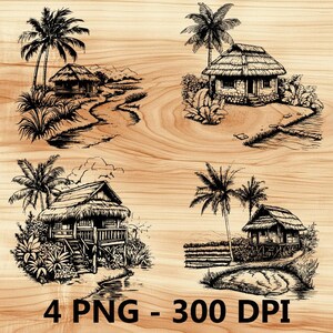 May include: Four black and white illustrations of tropical huts with palm trees and rivers. The huts have thatched roofs and are drawn in a simple style.