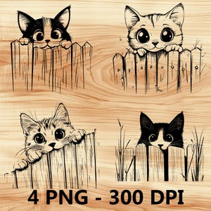 Gato asomando, gatito, cerca, gatito, archivo láser, grabado en madera, PNG, corte de cocina, tabla de cortar, diseño de tablón, posavasos, grabado, Xtool, Glowforge, LightBurn, CO2