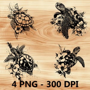 Arte floral de tortuga marina, archivo láser, grabado en madera, PNG, corte de cocina, tabla de cortar, diseño de tablón, posavasos, grabado, Xtool, Glowforge, LightBurn, CO2