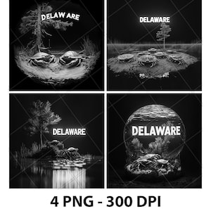 May include: Four black and white images with the word "DELAWARE" in white text. Each image features a crab or crabs in a different setting. The first image shows two crabs on a beach with a tree in the background. The second image shows several crabs on a beach with a tree in the background. The third image shows two crabs on a beach with a tree in the background. The fourth image shows a crab in a glass sphere with a tree in the background.