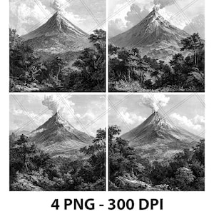 Puede incluir: Cuatro ilustraciones en blanco y negro de un volcán en erupción, rodeado de árboles y follaje. Las imágenes están dispuestas en una cuadrícula cuadrada, con el texto "4 PNG - 300 DPI" en la parte inferior.