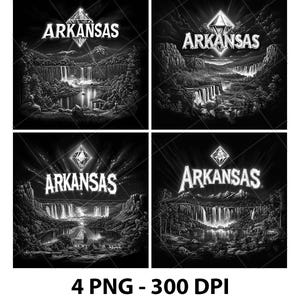 May include: Four black and white images of a waterfall scene with the word "Arkansas" in a stylized font above the waterfall. A diamond shape is above the word "Arkansas".