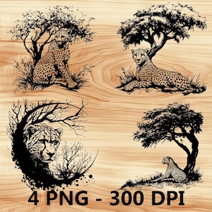 Árbol de sabana con guepardo africano, gato, archivo láser, grabado en madera, PNG, tabla de cortar para cocina, patrón de tablón, posavasos, Xtool Glowforge LightBurn CO2 2D