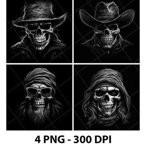 May include: Four black and white digital illustrations of skulls with different accessories. The first skull is wearing a cowboy hat, the second skull is wearing a cowboy hat, the third skull is wearing sunglasses and a bandana, and the fourth skull is wearing a hooded bandana.