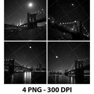 Könnte beinhalten: Ein Schwarzweißfoto der Brooklyn Bridge bei Nacht mit der Skyline der Stadt im Hintergrund. Die Brücke ist mit Lichtern beleuchtet und es sind Sterne am Himmel zu sehen.