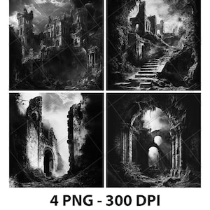 Ruinas del palacio del castillo del reino abandonado Archivo de grabado láser Pizarra PNG Posavasos Xtool Madera Negro Blanco Escala de grises Cnc Glowforge LightBurn CO2