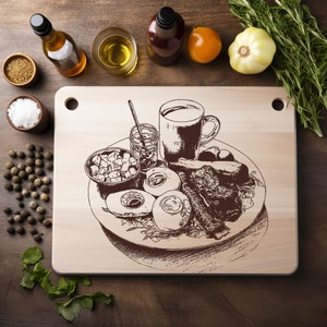 Desayuno Comida Archivo PNG láser Grabar Tabla de madera Bandeja Embutidos Tablón Quemar Posavasos Grabado Xtool Negro Blanco Cnc, Glowforge, LightBurn, CO2 Diod