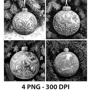 以下が含まれることがあります： 複雑なデザインが施されたクリスマスオーナメントの白黒画像4枚。各オーナメントは松の枝にぶら下がっています。