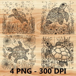Tortuga marina, arrecifes submarinos, corales, archivo láser, grabado en madera, PNG, corte de cocina, tabla de cortar, diseño de tablón, posavasos, grabado, Xtool, Glowforge, LightBurn