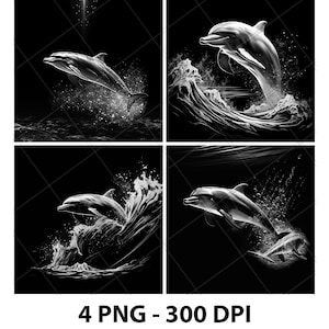 Grand dauphin commun, grand saut, fichier de gravure laser ardoise PNG dessous de verre Xtool bois noir blanc en niveaux de gris Cnc Glowforge LightBurn diode CO2