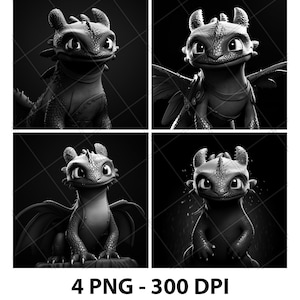 May include: Four black and white images of a cartoon dragon with a toothy grin. The dragon is in different poses, with its wings spread out in one image.