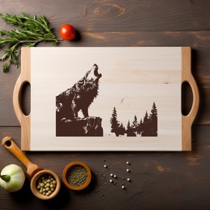 Archivo PNG láser de perro aullando de lobo. Grabado de madera. Bandeja para tablero de charcutería. Posavasos. Grabado Xtool. CNC blanco y negro, Glowforge, LightBurn, diodo de CO2.