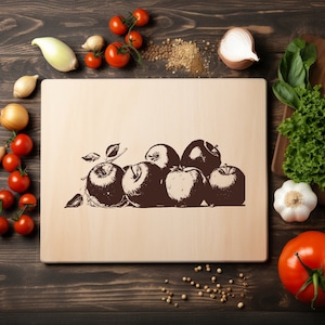 Manzanas Frutas Láser Archivo PNG Grabado Madera Tabla Bandeja Charcutería Tablón Quemar Posavasos Grabado Xtool Negro Blanco CNC, Glowforge, LightBurn, Diodo CO2