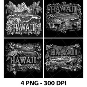 May include: Four black and white PNG images featuring the word "HAWAII" in a decorative style. Each image showcases Hawaiian landscapes, including palm trees, waves, volcanoes, and turtles. The images are surrounded by floral elements.