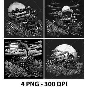 Old Steam Train Railway Track Laser Engraving File Slate PNG Coaster Xtool Wood Black White Grayscale Cnc Glowforge LightBurn CO2 Diode 3D