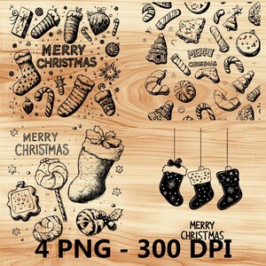 May include: Four digital illustrations of Christmas themed designs. The first image features a stocking, candy canes, ornaments, and the text "Merry Christmas". The second image features a stocking, candy canes, ornaments, and the text "Merry Christmas". The third image features a stocking, candy canes, ornaments, and the text "Merry Christmas". The fourth image features three stockings hanging from a string.