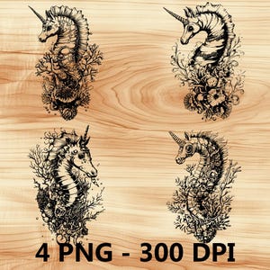Caballito de mar con cuernos, pez unicornio marino, archivo láser, grabado en madera, PNG, tabla de cortar para cocina, patrón de tablón, posavasos, diodo Xtool Glowforge LightBurn