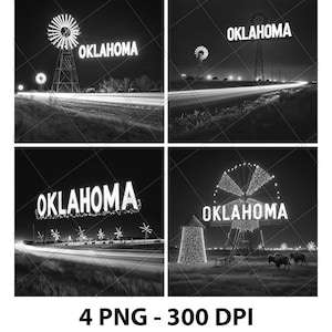 Oklahoma USA US State Bison Windmills Laser Engraving File Slate PNG Coaster Xtool Wood Black White Grayscale Cnc Glowforge LightBurn CO2