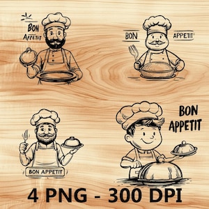 Chef de dibujos animados, archivo láser, grabado en madera, PNG, corte de cocina, tabla de cortar, diseño de tablón, posavasos, grabado, Xtool, Glowforge, LightBurn, CO2
