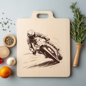 Archivo láser de motocicleta de carreras de motos grandes, grabado en madera, PNG, tabla de cortar para cocina, patrón de tablón, posavasos, diodo Xtool Glowforge LightBurn