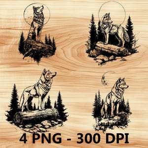 Bosque Lobo salvaje Montaña Animal Archivo láser Grabado en madera PNG Cocina Corte Tabla de cortar Tablón Patrón Posavasos Xtool Glowforge LightBurn CO2 2D