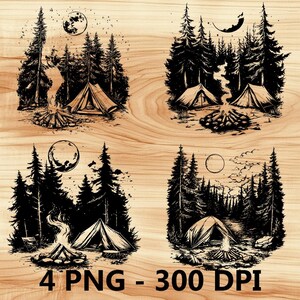 Bosque, Camping, Glamping, Bosques, Archivo láser, Grabado en madera, PNG, Corte de cocina, Tabla de cortar, Diseño de tablón, Posavasos, Grabado, Xtool, Glowforge, LightBurn, CO2