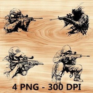 Pose de soldado francotirador del ejército Disparo Archivo láser Grabado en madera PNG Tabla de cortar para cocina Patrón de tablón Posavasos Xtool Glowforge LightBurn Diodo