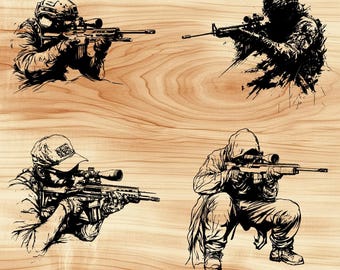 Soldado francotirador Ejército Pose Disparo Archivo láser Grabado en madera PNG Cocina Cortar Tabla Patrón de tablón Posavasos Xtool Glowforge LightBurn