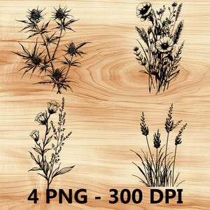 Lavandas Pastos Malezas Plantas Flores Archivo láser Grabado en madera PNG Corte de cocina Tabla de cortar Patrón de tablón Posavasos Xtool Glowforge LightBurn