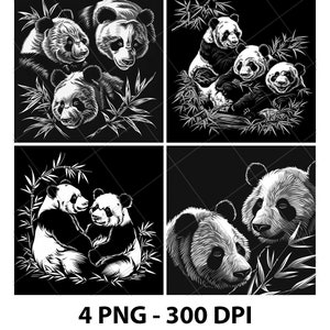 Panda's Familie Dierentuin Bamboe Beren Welp Lasergravure Bestand Leisteen PNG Onderzetter Xtool Hout Zwart Wit Grijstinten Cnc Glowforge LightBurn CO2-diode