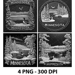 Minnesota US Bundesstaat Schnee Winter See Loon Laser Gravur Datei Schiefer PNG Untersetzer Xtool Holz Schwarz Weiß Graustufen Cnc Glowforge LightBurn CO2