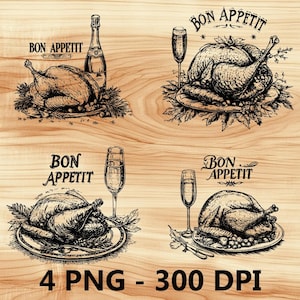 Pavo asado con buen provecho, archivo láser, grabado en madera PNG, corte de cocina, tabla de cortar, diseño de tablón, posavasos, grabado Xtool, Glowforge, LightBurn