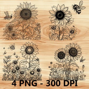 Girasoles, flores silvestres, campo de granja, archivo láser, grabado en madera, PNG, corte de cocina, tabla de cortar, diseño de tablón, posavasos, grabado, Xtool, Glowforge, LightBurn