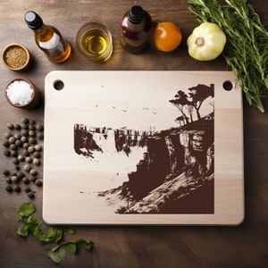 Borde de acantilado Archivo PNG láser Grabado de madera Tabla Bandeja Charcutería Tablón Quemar Posavasos Grabado Xtool Negro Blanco CNC, Glowforge, LightBurn, Diodo de CO2