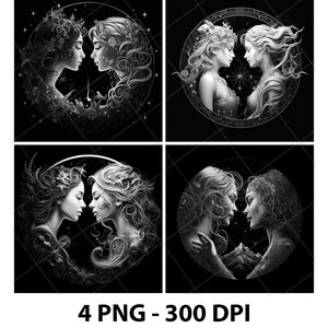 Gemelli Zodiaco cinese Fata Donna Incisione laser File Ardesia PNG Sottobicchiere Xtool Legno Nero Bianco Scala di grigi Cnc Glowforge LightBurn Diodo CO2