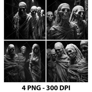 May include: A black and white image of a group of mummies, each wrapped in white bandages. The mummies are standing in a line, with their faces visible. The image is dark and eerie, with a sense of mystery and suspense.
