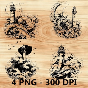 Faro Mar Torre de vigilancia Olas Archivo láser Grabado en madera PNG Tabla de cortar para cocina Patrón de tablón Posavasos Xtool Glowforge LightBurn CO2 2D