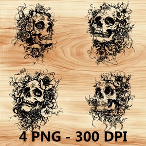 Calavera de azúcar, esqueleto floral, archivo láser, grabado en madera, PNG, corte de cocina, tabla de cortar, diseño de tablón, posavasos, grabado, Xtool, Glowforge, LightBurn, CO2