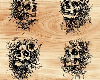 Sugar Skull Floral Skeleton Laser File Wood Engraving PNG Kitchen Cut Chop Board Plank Design Coaster Etch Xtool Glowforge LightBurn Co2