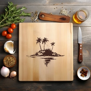 Archivo PNG de isla tropical para grabar con láser, bandeja de madera, tabla para embutidos, posavasos, grabado Xtool, CNC, Glowforge, LightBurn, CO2