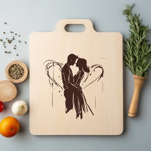 Pareja de enamorados besándose Archivo PNG láser Grabado de madera Tabla Bandeja Embutidos Tablón Quemar Posavasos Grabado Xtool Negro Blanco CNC, Glowforge, LightBurn, CO2