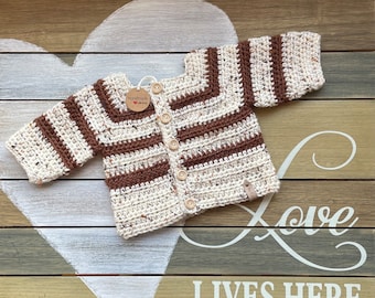 Crochet baby sweater in beige tweed and brown
